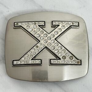 Rhinestone X Letter Initial Monogram Silver Tone Belt Buckle ✨
